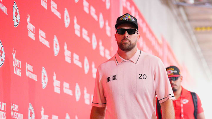 Kansas City Chiefs tight end Travis Kelce arrives at Arrowhead Stadium.