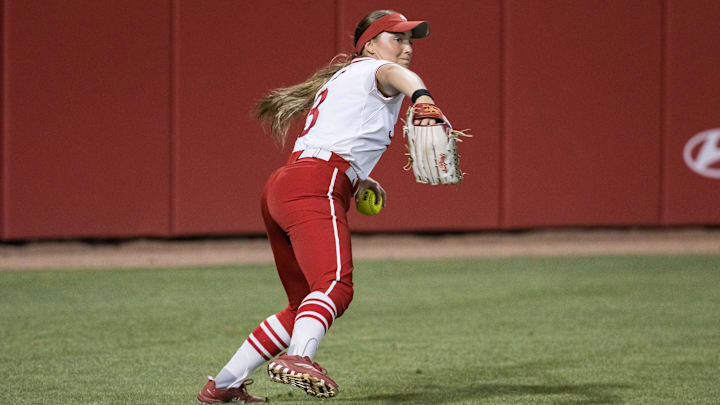 Indiana Hoosiers outfielder Taylor Minnick (3) throws the ball in during the fifth inning against the Oklahoma State Cowgirls. Oklahoma State won 16-8.