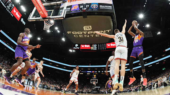 Mar 31, 2023; Phoenix, Arizona, USA; Phoenix Suns forward Kevin Durant (35) shoots over Denver Nuggets forward Vlatko Cancar (31) during the first half at Footprint Center. Mandatory Credit: Joe Camporeale-USA TODAY Sports Mar 31, 2023; Phoenix, Arizona, USA; Phoenix Suns forward Kevin Durant (35) shoots over Denver Nuggets forward Vlatko Cancar (31) during the first half at Footprint Center. Mandatory Credit: Joe Camporeale-USA TODAY Sports