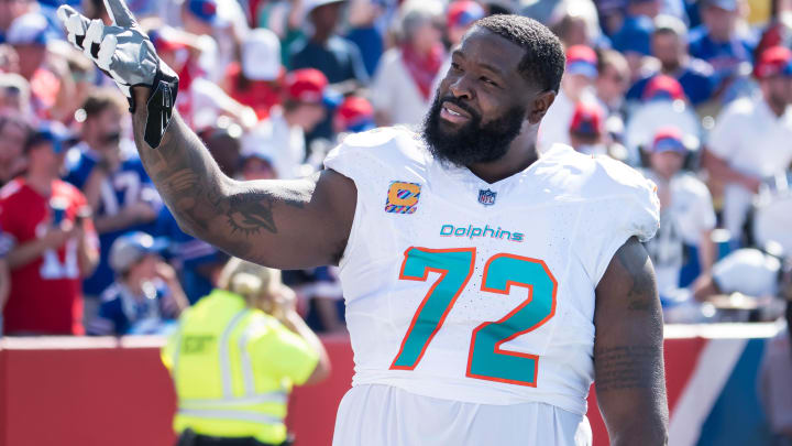 Oct 1, 2023; Orchard Park, New York, USA; Miami Dolphins offensive tackle Terron Armstead (72) reacts to the crowd before a game against the Buffalo Bills at Highmark Stadium. Mandatory Credit: Mark Konezny-USA TODAY Sports