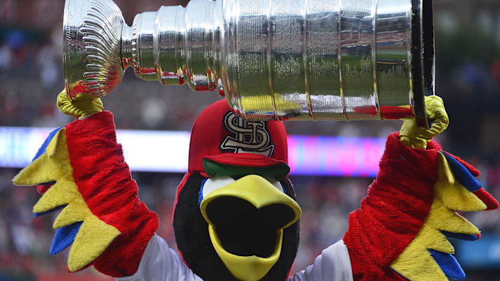 Jun 26, 2019; St. Louis, MO, USA; St. Louis Cardinals mascot Fredbird hoists the Stanley Cup prior to the start of a game against the Oakland Athletics at Busch Stadium. Mandatory Credit: Jeff Curry-Imagn Images Jun 26, 2019; St. Louis, MO, USA; St. Louis Cardinals mascot Fredbird hoists the Stanley Cup prior to the start of a game against the Oakland Athletics at Busch Stadium. Mandatory Credit: Jeff Curry-Imagn Images