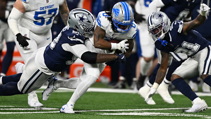 Detroit Lions running back Jahmyr Gibbs and Dallas Cowboys defensive tackle Quinnen Williams. Detroit Lions running back Jahmyr Gibbs and Dallas Cowboys defensive tackle Quinnen Williams.