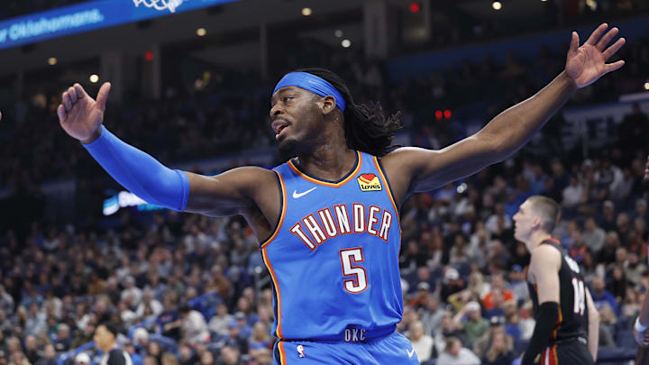 Feb 12, 2025; Oklahoma City, Oklahoma, USA; Oklahoma City Thunder guard Luguentz Dort (5) reacts after a play against the Miami Heat during the second quarter at Paycom Center. Mandatory Credit: Alonzo Adams-Imagn Images Feb 12, 2025; Oklahoma City, Oklahoma, USA; Oklahoma City Thunder guard Luguentz Dort (5) reacts after a play against the Miami Heat during the second quarter at Paycom Center. Mandatory Credit: Alonzo Adams-Imagn Images