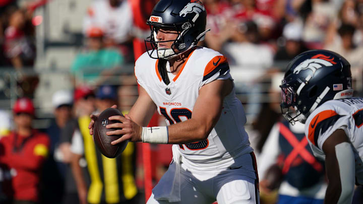 Aug 9, 2025; Santa Clara, California, USA;  Denver Broncos quarterback Bo Nix (10) drops back to pass in the first quarter against the San Francisco 49ers at Levi's Stadium. Mandatory Credit: David Gonzales-Imagn Images