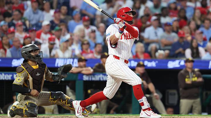 Jun 3, 2026; Philadelphia, Pennsylvania, USA; Philadelphia Phillies designated hitter Kyle Schwarber (12) hits a home run against the San Diego Padres during the seventh inning at Citizens Bank Park. Mandatory Credit: Bill Streicher-Imagn Images Jun 3, 2026; Philadelphia, Pennsylvania, USA; Philadelphia Phillies designated hitter Kyle Schwarber (12) hits a home run against the San Diego Padres during the seventh inning at Citizens Bank Park. Mandatory Credit: Bill Streicher-Imagn Images