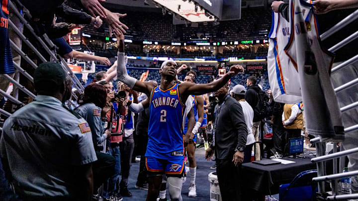 Oklahoma City Thunder guard Shai Gilgeous-Alexander (2) goes off the court after defeating the New Orleans Pelicans after game four of the first round for the 2024 NBA playoffs at Smoothie King Center. Mandatory Credit: Stephen Lew-Imagn Images