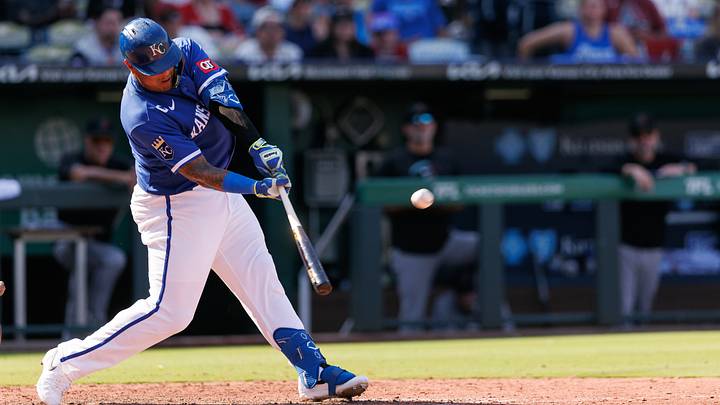 Sep 7, 2026; Kansas City, Missouri, USA; Kansas City Royals designated hitter Salvador Perez (13) hits a double during the tenth inning against the Arizona Diamondbacks at Kauffman Stadium. Mandatory Credit: William Purnell-Imagn Images Sep 7, 2026; Kansas City, Missouri, USA; Kansas City Royals designated hitter Salvador Perez (13) hits a double during the tenth inning against the Arizona Diamondbacks at Kauffman Stadium. Mandatory Credit: William Purnell-Imagn Images