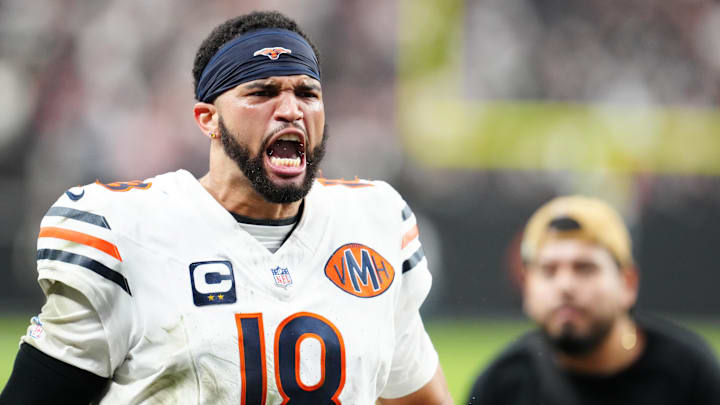 Caleb Williams celebrates after the blocked field goal gave the Bears a 25-24 win over the Raiders. Caleb Williams celebrates after the blocked field goal gave the Bears a 25-24 win over the Raiders.