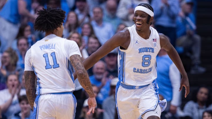 Dec 22, 2025; Chapel Hill, North Carolina, USA; North Carolina Tar Heels forward Caleb Wilson (8) celebrates during the first half against the East Carolina Pirates at Dean E. Smith Center. Mandatory Credit: Scott Kinser-Imagn Images