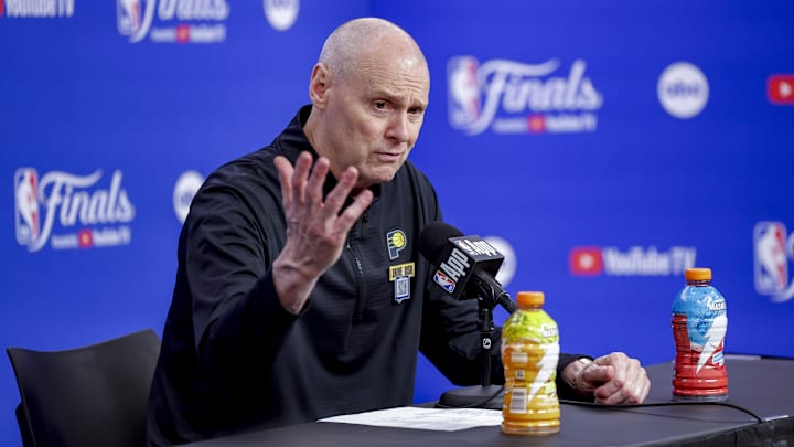 Indiana Pacers head coach Rick Carlisle speaks to the media after the Pacers defeat the Oklahoma City Thunder during game one of the 2025 NBA Finals.