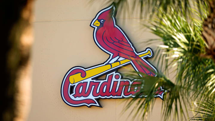 Feb 26, 2021; Jupiter, Florida, USA; A general view of the St. Louis Cardinals logo on the stadium at Roger Dean Stadium during spring training workouts. Mandatory Credit: Jasen Vinlove-Imagn Images
