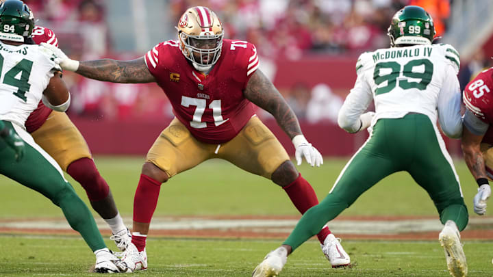 Sep 9, 2024; Santa Clara, California, USA; San Francisco 49ers offensive tackle Trent Williams (71) blocks against New York Jets defensive end Will McDonald IV (99) during the third quarter at Levi's Stadium. Mandatory Credit: Darren Yamashita-Imagn Images Sep 9, 2024; Santa Clara, California, USA; San Francisco 49ers offensive tackle Trent Williams (71) blocks against New York Jets defensive end Will McDonald IV (99) during the third quarter at Levi's Stadium. Mandatory Credit: Darren Yamashita-Imagn Images