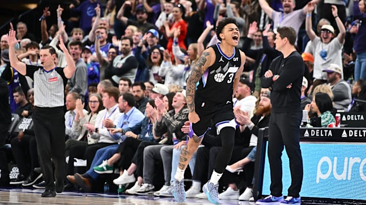 Apr 9, 2025; Salt Lake City, Utah, USA; Utah Jazz guard Keyonte George (3) celebrates after sinking a three point basket in overtime against the Portland Trail Blazers at Delta Center. Mandatory Credit: Jamie Sabau-Imagn Images Apr 9, 2025; Salt Lake City, Utah, USA; Utah Jazz guard Keyonte George (3) celebrates after sinking a three point basket in overtime against the Portland Trail Blazers at Delta Center. Mandatory Credit: Jamie Sabau-Imagn Images