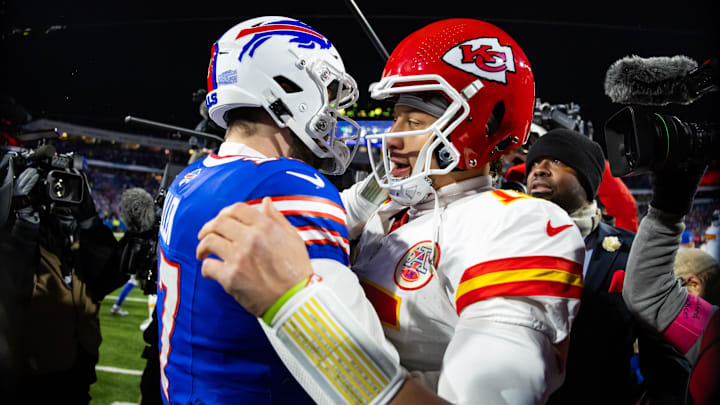 Kansas City Chiefs quarterback Patrick Mahomes (15) greets Buffalo Bills quarterback Josh Allen (17) following the 2024 AFC divisional round game at Highmark Stadium.