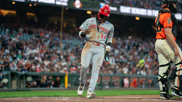 May 10, 2024; San Francisco, California, USA; Cincinnati Reds shortstop Elly De La Cruz (44) scores