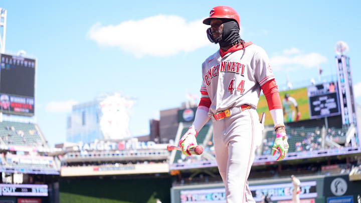 Apr 19, 2026; Minneapolis, Minnesota, USA; Cincinnati Reds shortstop Elly de la Cruz (44) walks to the dugout after striking out to Minnesota Twins pitcher Andrew Morris (78) in the eighth inning at Target Field. Mandatory Credit: Matt Blewett-Imagn Images
