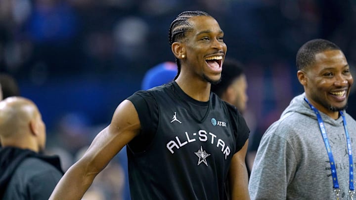 Feb 15, 2025; Oakland, CA, USA; Chuck’s Global Stars guard Shai Gilgeous-Alexander (2) of the Oklahoma City Thunder during the NBA All Star-Practice at Oracle Arena. Mandatory Credit: Cary Edmondson-Imagn Images