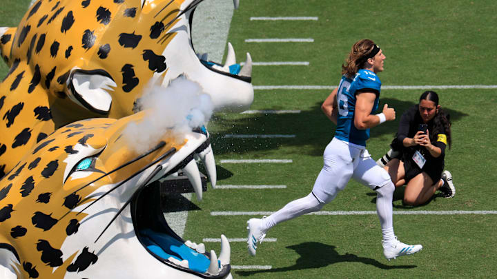Jacksonville Jaguars quarterback Trevor Lawrence (16) is introduced before an NFL football matchup at EverBank Stadium, Sunday, Sept. 7, 2025 in Jacksonville, Fla. [Corey Perrine/Florida Times-Union]