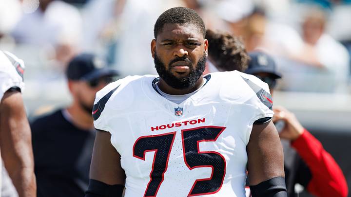 Sep 21, 2025; Jacksonville, Florida, USA; Houston Texans guard Laken Tomlinson (75) before the game against the Jacksonville Jaguars at EverBank Stadium. Mandatory Credit: Morgan Tencza-Imagn Images