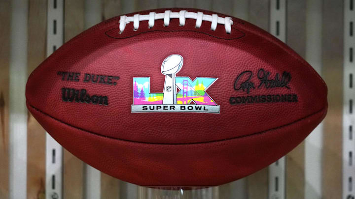 Feb 4, 2026; San Francisco, CA, USA; A Wilson Duke official football with the Super Bowl 60 logo at the Super Bowl LX Experience at the Moscone Center.  