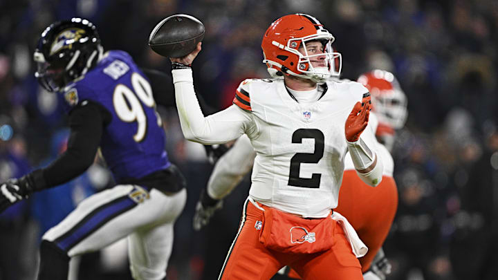 Jan 4, 2025; Baltimore, Maryland, USA; Cleveland Browns quarterback Bailey Zappe (2) makes a pass during the third quarter against the Baltimore Ravens at M&T Bank Stadium. Mandatory Credit: Tommy Gilligan-Imagn Images