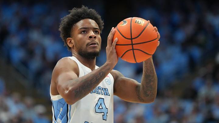 Feb 2, 2026; Chapel Hill, North Carolina, USA; North Carolina Tar Heels guard Jaydon Young (4) on the free throw line in the second half at Dean E. Smith Center. Mandatory Credit: Bob Donnan-Imagn Images
