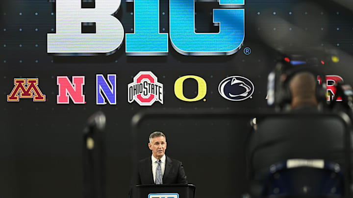 Jul 23, 2024; Indianapolis, IN, USA;  Big Ten commissioner Tony Petitti speaks to the media during the Big 10 football media day at Lucas Oil Stadium. Mandatory Credit: Robert Goddin-USA TODAY Sports