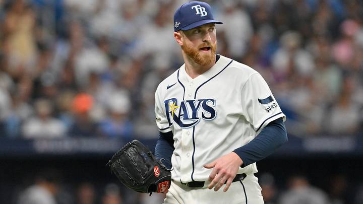 Oct 3, 2026; St. Petersburg, Florida, USA; Tampa Bay Rays pitcher Drew Rasmussen (57) looks on in the first inning of Game 1 of the ALDS for the 2026 MLB Playoffs against the New York Yankees at Tropicana Field. Mandatory Credit: Pablo Robles-Imagn Images Oct 3, 2026; St. Petersburg, Florida, USA; Tampa Bay Rays pitcher Drew Rasmussen (57) looks on in the first inning of Game 1 of the ALDS for the 2026 MLB Playoffs against the New York Yankees at Tropicana Field. Mandatory Credit: Pablo Robles-Imagn Images