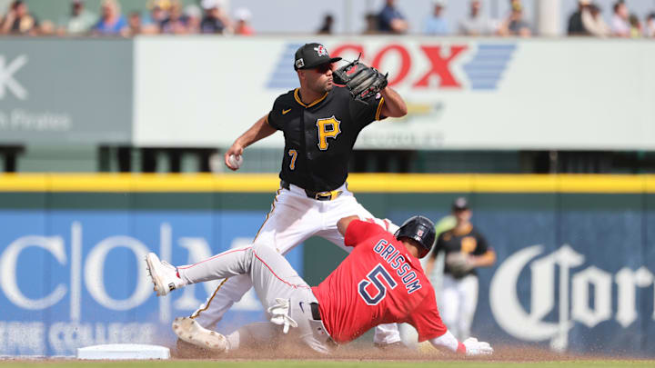 Mar 4, 2025; Bradenton, Florida, USA; Pittsburgh Pirates second base Isiah Kiner-Falefa (7) forces out Boston Red Sox second base Vaughn Grissom (5) during the fourth inning at LECOM Park. Mandatory Credit: Kim Klement Neitzel-Imagn Images Mar 4, 2025; Bradenton, Florida, USA; Pittsburgh Pirates second base Isiah Kiner-Falefa (7) forces out Boston Red Sox second base Vaughn Grissom (5) during the fourth inning at LECOM Park. Mandatory Credit: Kim Klement Neitzel-Imagn Images