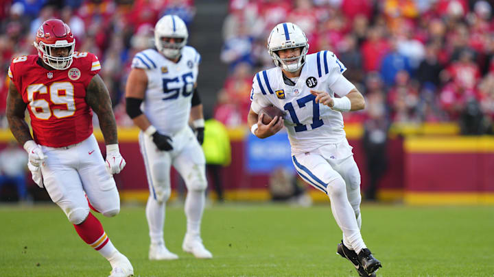 Nov 23, 2025; Kansas City, Missouri, USA; Indianapolis Colts quarterback Daniel Jones (17) runs against the Kansas City Chiefs in the second half at GEHA Field at Arrowhead Stadium. Mandatory Credit: Jay Biggerstaff-Imagn Images