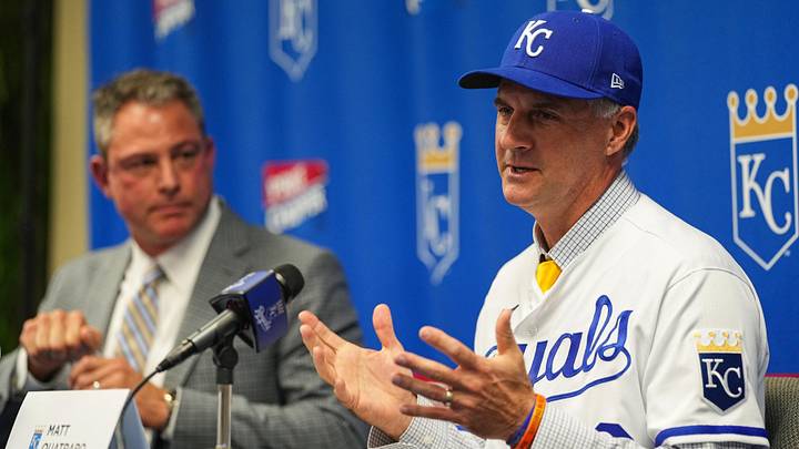 Nov 3, 2022; Kansas City, Missouri, USA; Kansas City Royals manager Matt Quatraro (33) and general manager J.J. Picollo talk with media during a press conference at Kauffman Stadium. Mandatory Credit: Jay Biggerstaff-USA TODAY Sports