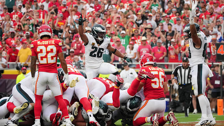 Sep 14, 2025; Kansas City, Missouri, USA; The Philadelphia Eagles celebrate after scoring a touchdown against the Kansas City Chiefs during the fourth quarter of the game at GEHA Field at Arrowhead Stadium. Mandatory Credit: Jay Biggerstaff-Imagn Images