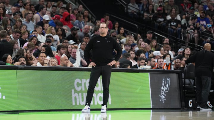 Apr 7, 2024; San Antonio, Texas, USA; Philadelphia 76ers head coach Nick Nurse looks on in the second half against the San Antonio Spurs at Frost Bank Center. Mandatory Credit: Daniel Dunn-USA TODAY Sports Apr 7, 2024; San Antonio, Texas, USA; Philadelphia 76ers head coach Nick Nurse looks on in the second half against the San Antonio Spurs at Frost Bank Center. Mandatory Credit: Daniel Dunn-USA TODAY Sports