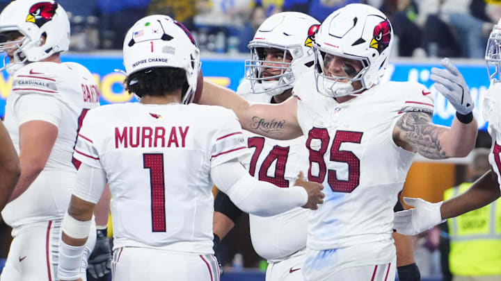 Dec 28, 2024; Inglewood, California, USA; Arizona Cardinals tight end Trey McBride (85) celebrates with quarterback Kyler Murray (1) after catching a 1-yard touchdown pass against the Los Angeles Rams in the second half at SoFi Stadium. Mandatory Credit: Kirby Lee-Imagn Images