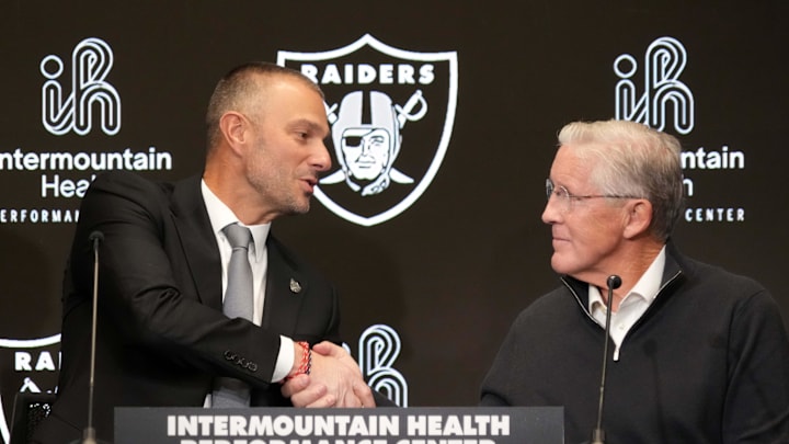 Jan 27, 2025; Las Vegas, NV, USA; Las Vegas Raiders general manager John Spytek (left) and coach Pete Carroll at press conference at Intermountain Health Performance Center. Mandatory Credit: Kirby Lee-Imagn Images