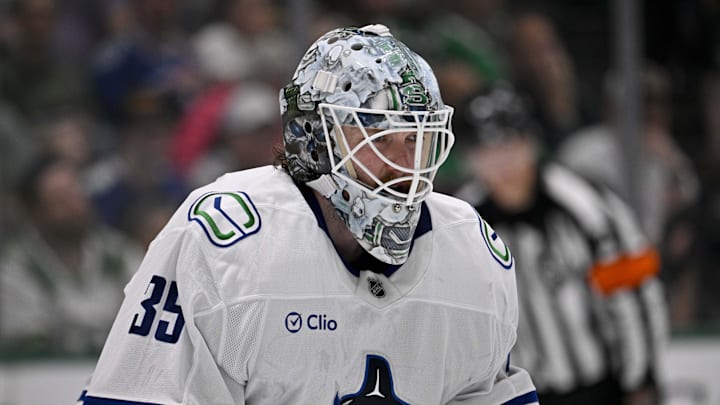 Apr 8, 2025; Dallas, Texas, USA; Vancouver Canucks goaltender Thatcher Demko (35) faces the Dallas Stars attack during the second period at the American Airlines Center. Mandatory Credit: Jerome Miron-Imagn Images Apr 8, 2025; Dallas, Texas, USA; Vancouver Canucks goaltender Thatcher Demko (35) faces the Dallas Stars attack during the second period at the American Airlines Center. Mandatory Credit: Jerome Miron-Imagn Images