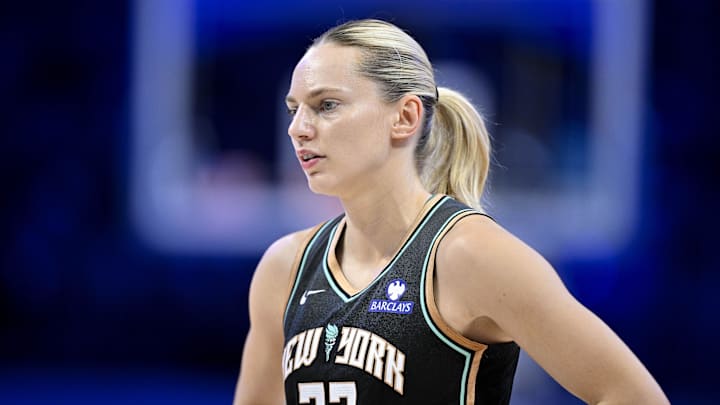 Aug 8, 2025; Arlington, Texas, USA; New York Liberty guard Marine Johannes (23) in action during the game between the Dallas Wings and the New York Liberty at College Park Center. Mandatory Credit: Jerome Miron-Imagn Images