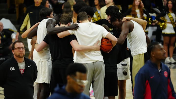 Mar 7, 2026; Boulder, Colorado, USA; Members of the Colorado Buffaloes huddle before the game against the Arizona Wildcats at the CU Events Center. Mandatory Credit: Ron Chenoy-Imagn Images