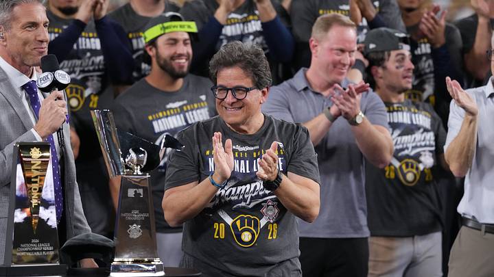 Oct 15, 2026; Los Angeles, California, USA; Milwaukee Brewers owner Mark Attanasio after the Brewers won the NLCS for the 2026 MLB Playoffs against the Los Angeles Dodgers at Uniqlo Field at Dodger Stadium. Mandatory Credit: Kirby Lee-Imagn Images Oct 15, 2026; Los Angeles, California, USA; Milwaukee Brewers owner Mark Attanasio after the Brewers won the NLCS for the 2026 MLB Playoffs against the Los Angeles Dodgers at Uniqlo Field at Dodger Stadium. Mandatory Credit: Kirby Lee-Imagn Images