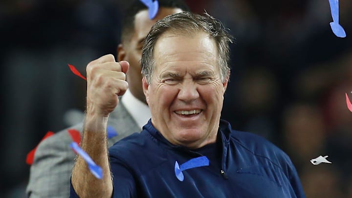2017: Bill Belichick celebrates after Super Bowl LI where the New England Patriots vs The Atlanta Falcon at NRG Stadium, Houston. 2017: Bill Belichick celebrates after Super Bowl LI where the New England Patriots vs The Atlanta Falcon at NRG Stadium, Houston.