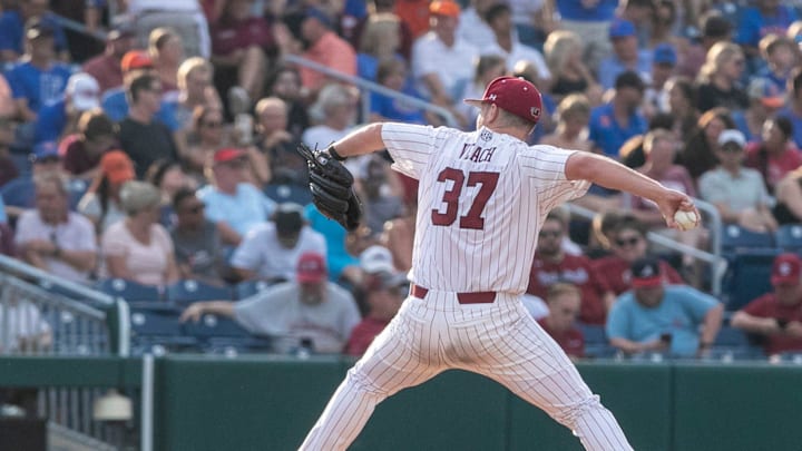 Gamecocks utility Chris Veach (37) takes the mound against Florida in Game 2 of the NCAA Super Regionals, Saturday, June 10, 2023, at Condron Family Ballpark in Gainesville, Florida. The Gators beat the Gamecocks 4-0 and are headed to the College World Series in Omaha.  [Cyndi Chambers/ Gainesville Sun] 2023
