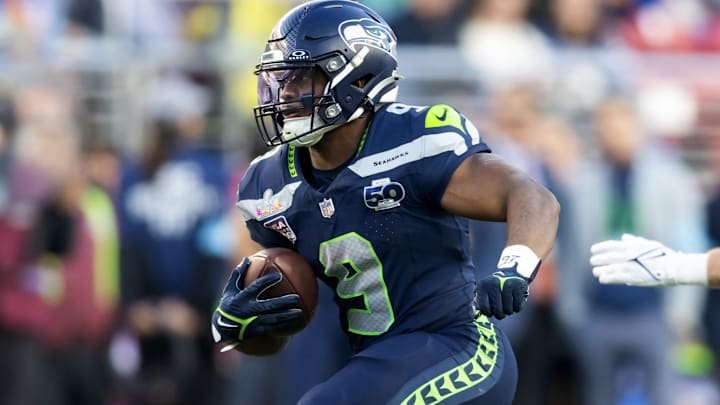 Feb 8, 2026; Santa Clara, CA, USA; Seattle Seahawks running back Kenneth Walker III (9) runs against the New England Patriots during the second quarter in Super Bowl LX at Levi's Stadium. Mandatory Credit: Mark J. Rebilas-Imagn Images