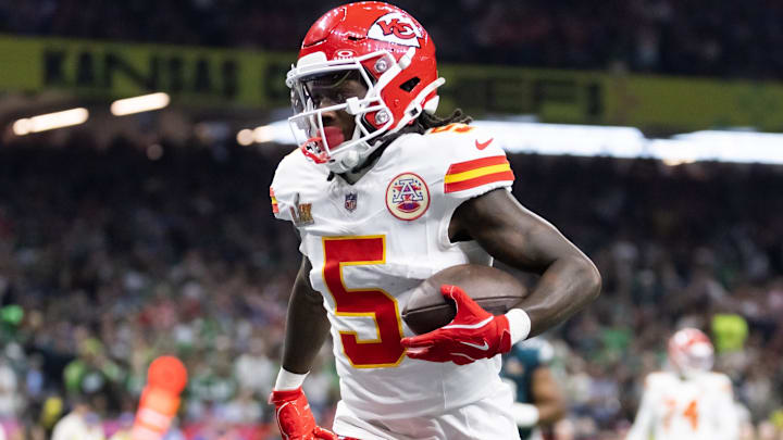 Feb 9, 2025; New Orleans, LA, USA; Kansas City Chiefs wide receiver Marquise Brown (5) against the Philadelphia Eagles in Super Bowl LIX at Ceasars Superdome. Mandatory Credit: Mark J. Rebilas-Imagn Images Feb 9, 2025; New Orleans, LA, USA; Kansas City Chiefs wide receiver Marquise Brown (5) against the Philadelphia Eagles in Super Bowl LIX at Ceasars Superdome. Mandatory Credit: Mark J. Rebilas-Imagn Images