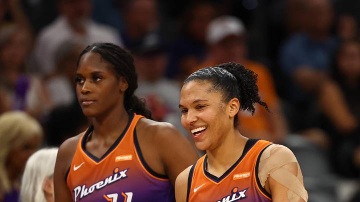 Aug 7, 2025; Phoenix, Arizona, USA; Phoenix Mercury forward Alyssa Thomas (25) with center Kalani Brown (21) against the Indiana Fever during WNBA game at PHX Arena. Mandatory Credit: Mark J. Rebilas-Imagn Images