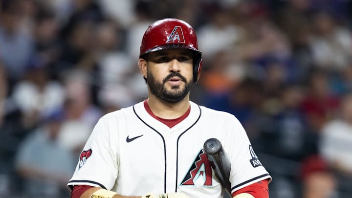 Jul 22, 2025; Phoenix, Arizona, USA; Arizona Diamondbacks designated hitter Eugenio Suarez against the Houston Astros at Chase Field. Mandatory Credit: Mark J. Rebilas-Imagn Images

