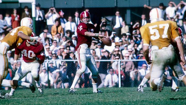 Oct 21, 1967; Birmingham, AL, USA FILE PHOTO;Alabama Crimson Tide quarterback Ken Stabler (12) sets to throw against the Tennessee Volunteers at Legion Field. Tennessee defeated Alabama 24-13.  Mandatory Credit: Malcolm Emmons-USA TODAY Sports