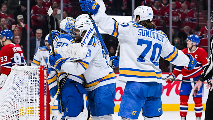 Dec 7, 2025; Montreal, Quebec, CAN; St. Louis Blues players jump on goalie Jordan Binnington (50) to celebrate the win against the Montreal Canadiens at Bell Centre. Mandatory Credit: David Kirouac-Imagn Images Dec 7, 2025; Montreal, Quebec, CAN; St. Louis Blues players jump on goalie Jordan Binnington (50) to celebrate the win against the Montreal Canadiens at Bell Centre. Mandatory Credit: David Kirouac-Imagn Images