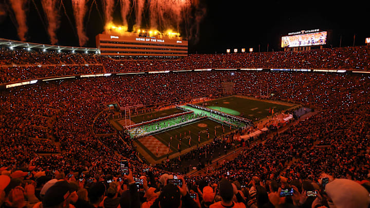 Nov 1, 2025; Knoxville, Tennessee, USA; The Tennessee Volunteers run through the T before the game against the Oklahoma Sooners at Neyland Stadium. Mandatory Credit: Randy Sartin-Imagn Images