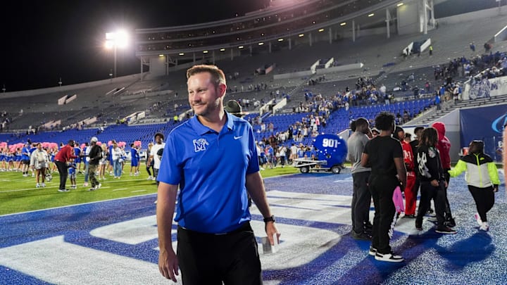 Memphis' head coach Ryan Silverfield smiles as he walks off the field after Memphis defeated Tulsa 45-7 at Simmons Bank Liberty Stadium in Memphis, Tenn., on October 4, 2025.