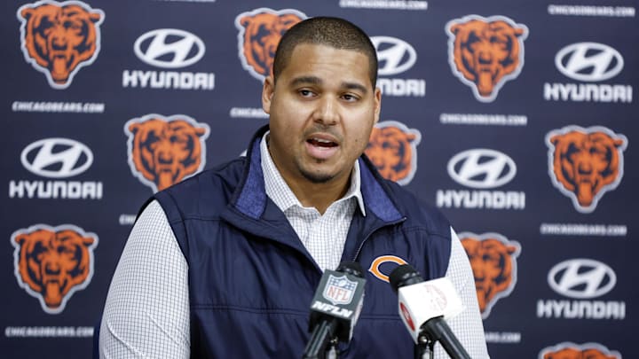 Mar 16, 2023; Lake Forest, IL, USA; Chicago Bears general manager Ryan Poles speaks during a press conference at Halas Hall. Mandatory Credit: Kamil Krzaczynski-Imagn Images